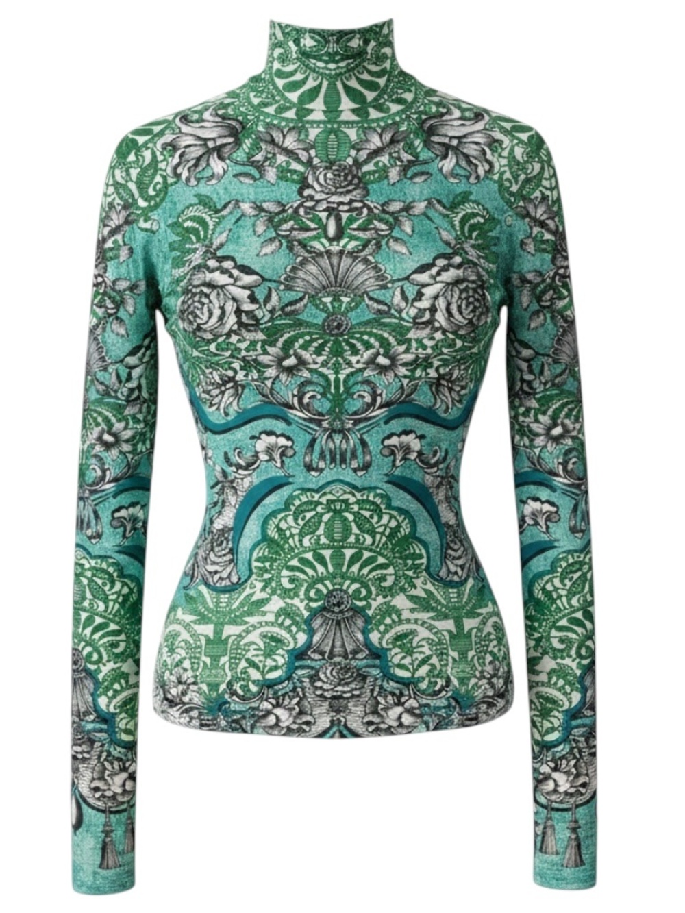 MARY KATRANTZOU GREEN / BLUE MULTI FLORAL PRINTED LONG SLEEVED STRETCH TOP